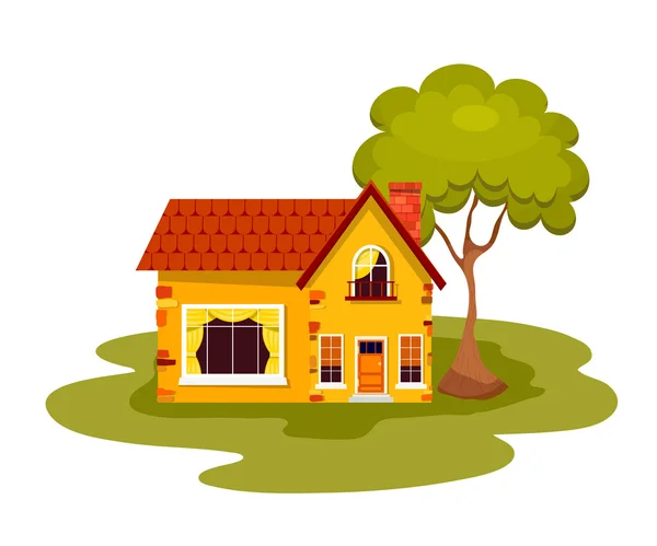 Yellow stone house with green tree on a white background. Countr — Stock Vector