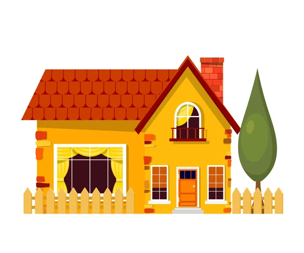 Yellow house with poplars. Cartoon house with fence and green tr — Stock Vector