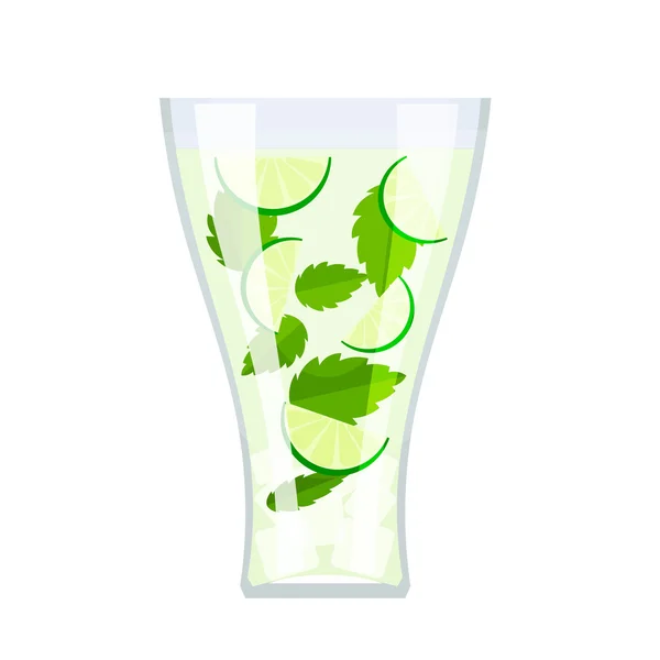 Vidrio alto con una bebida mojitos, hojas de menta, rodajas de lima — Vector de stock
