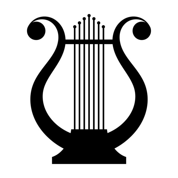 Black image of an ancient lyre musical instrument on a white bac
