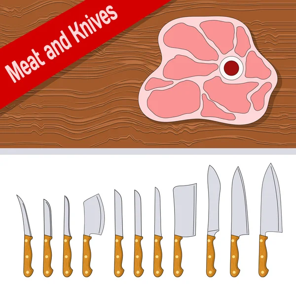 Style ligne. Set de couteaux avec poignée en bois pour couper la viande sur — Image vectorielle