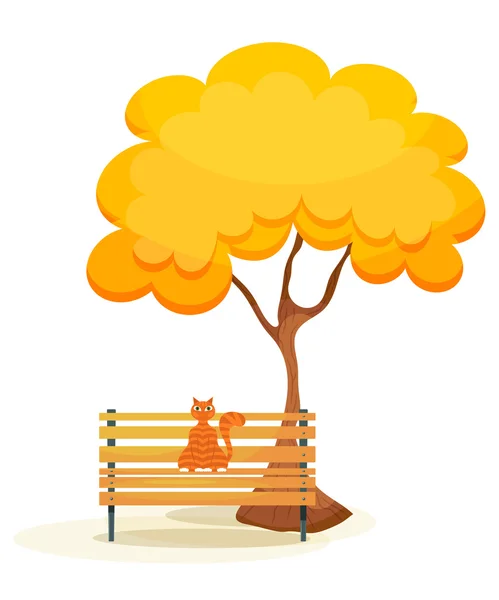 The cat on the bench. Ginger tabby cat on a wooden bench under a — Stock Vector