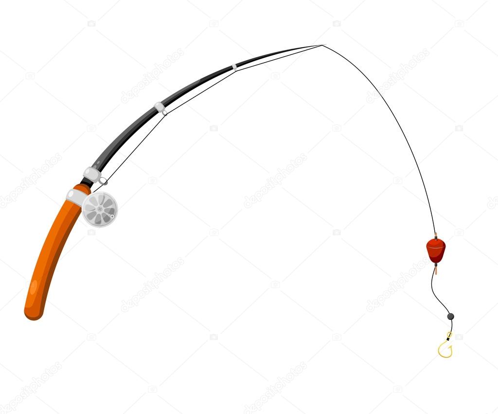 Fishing rod with fishing line, reel, hook and float. Cartoon sty