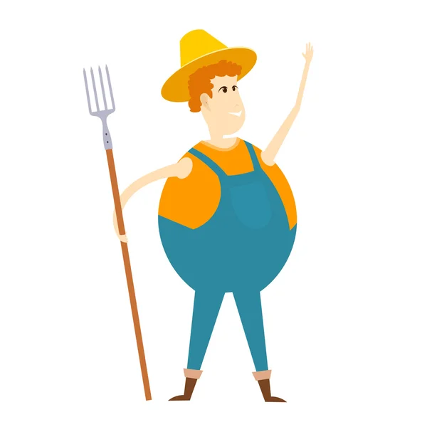 Coltivatore di cartoni animati. Illustrazione di un contadino allegro con un pitchfo — Vettoriale Stock