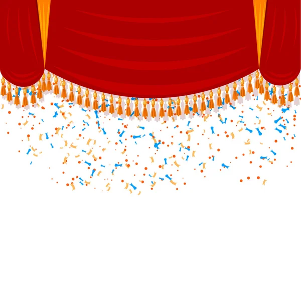 Horizontal red curtain with gold fringe and falling confetti. Th — Stock Vector