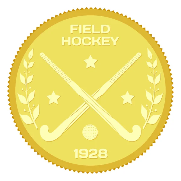 Золотой медальон с клюшками и мячом для хоккея на траве. Colored ve — стоковый вектор