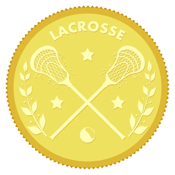 Medallón de oro con la imagen de palos y bola de lacrosse. Color. — Vector de stock