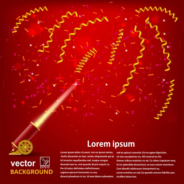 Leuchtend festlicher roter Hintergrund mit Serpentine und Böllerkanone — Stockvektor