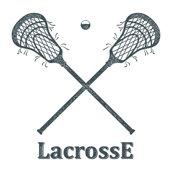 Crossed lacrosse stick and ball with grunge texture on white bac Stock Vector
