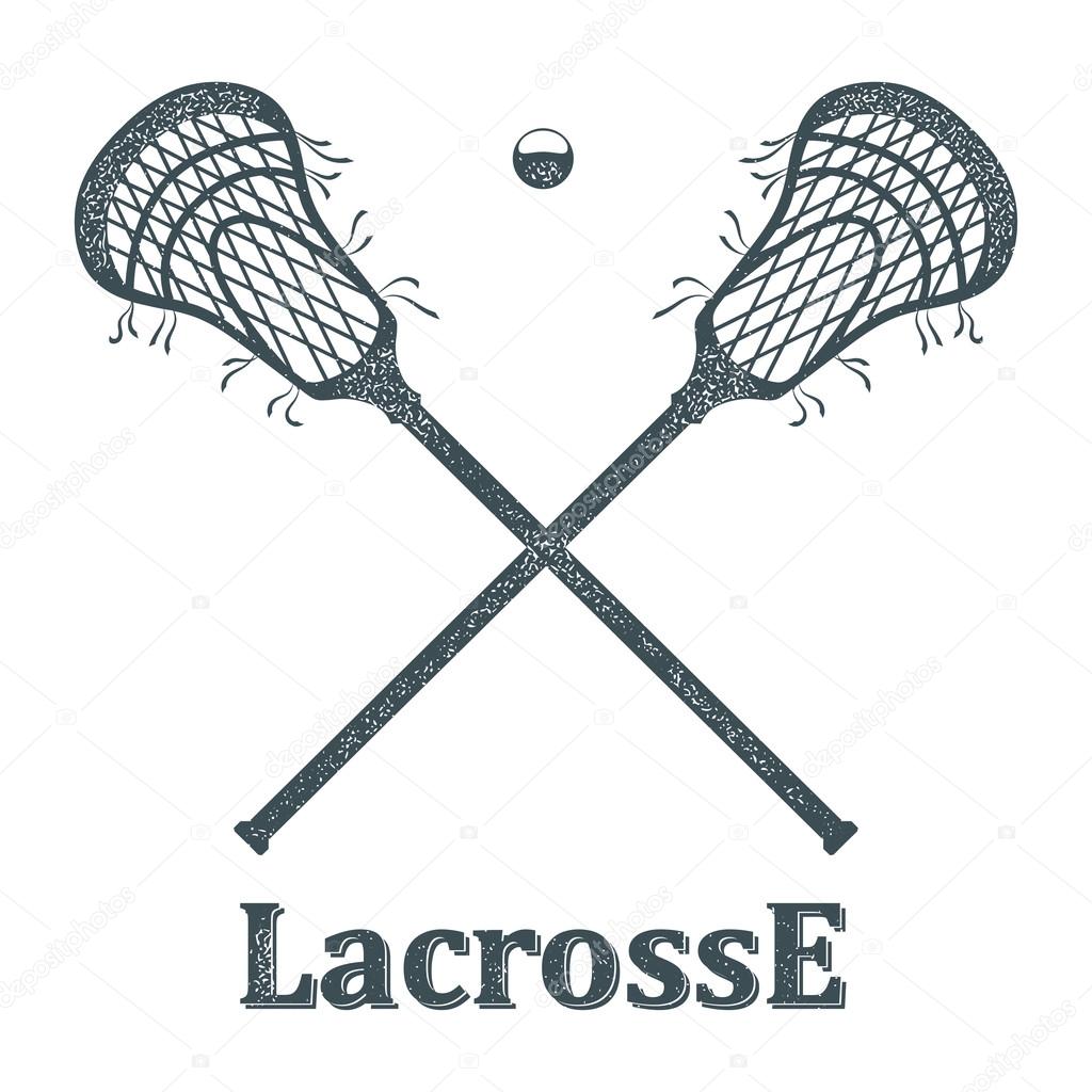 Crossed lacrosse stick and ball with grunge texture on white bac Stock