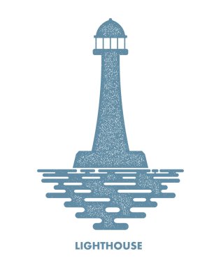 Beyaz arka plan üzerinde dalgalar ile monokrom deniz feneri. Simge lig