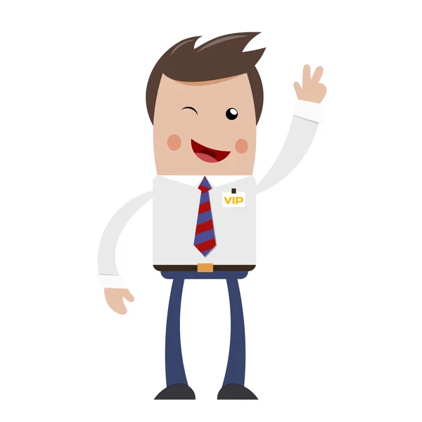 Wink Businessman with VIP badge with raised hand and a sign of v — Wektor stockowy
