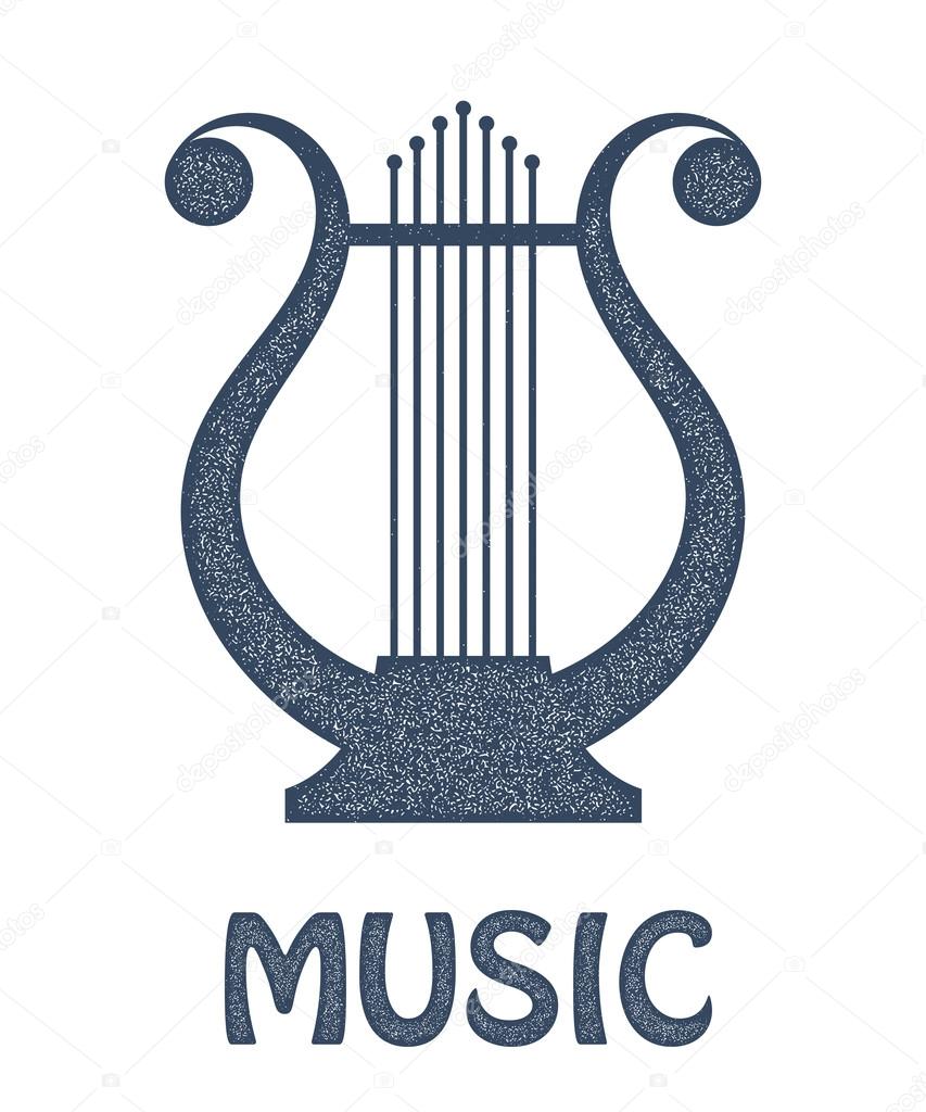 Vector monochrome image of vintage Lyre on a white background. Ancient Greek music