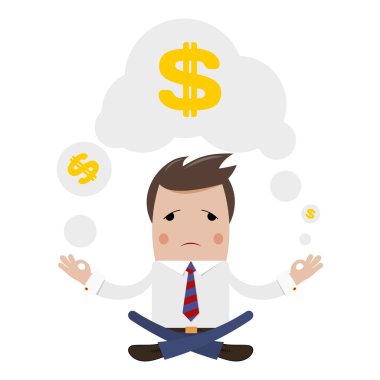 Mali yoga. İşadamı para üzerinde meditasyon. Genç businessm