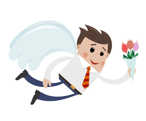 Bir buket çiçek üzerinde beyaz bir backgr ile kanatlı genç adam — Stok Vektör