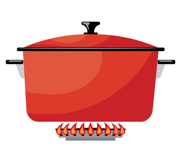 Cartoon red metal pan on a gas stove. Vector image kitchen pan i — Stock Vector