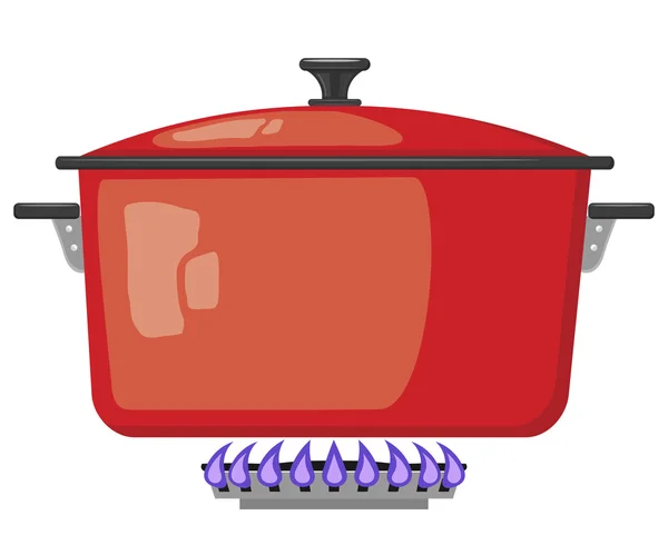 Cartoon red metal pan with the lid closed on a gas stove. Vector — Stock Vector