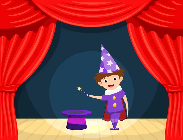 Young magician on stage. Children's performance. Small actor wit — Stock Vector