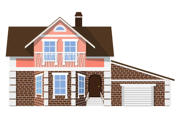 Flat style. style. Small beautiful two-storey house with garage — Stock Vector