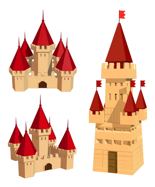 Set di colori vettoriali di castelli e bandiere su sfondo bianco. Addominali — Vettoriale Stock