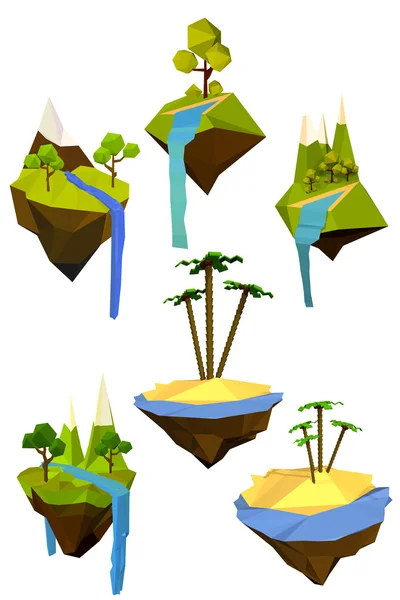 Conjunto vetorial de ilhas voadoras coloridas com árvores, montanhas e w — Vetor de Stock