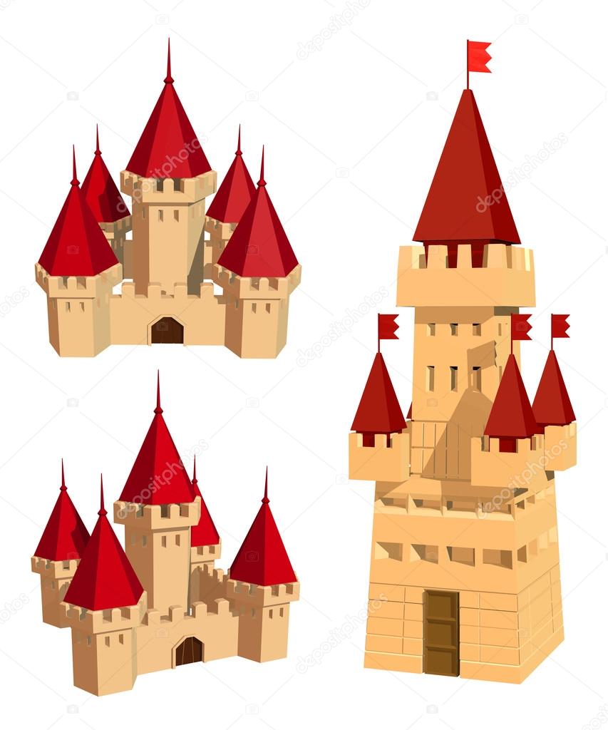 Vector color set of castles and flags on a white background. Abs