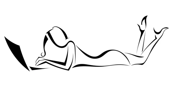 Черный силуэт девушки, лежащей, глядя на ноутбук il — стоковое фото
