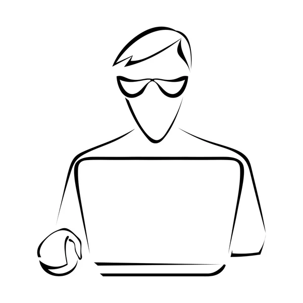 Bir dizüstü bilgisayar başında oturan bir adam silüeti. drawin grafiği — Stok fotoğraf
