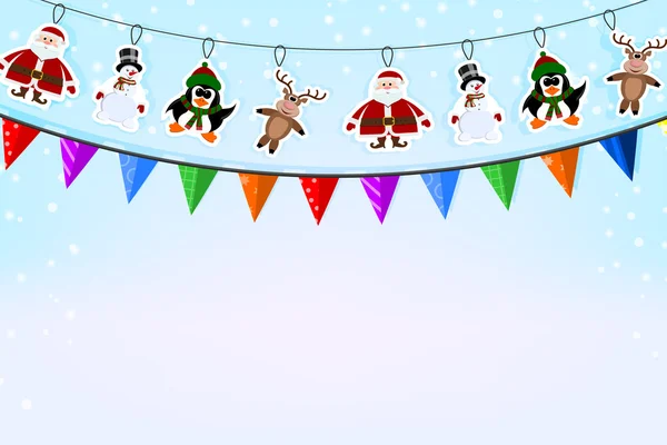 Kerstmis blauwe achtergrond met een krans van papier herten, pinguïn, — Stockvector