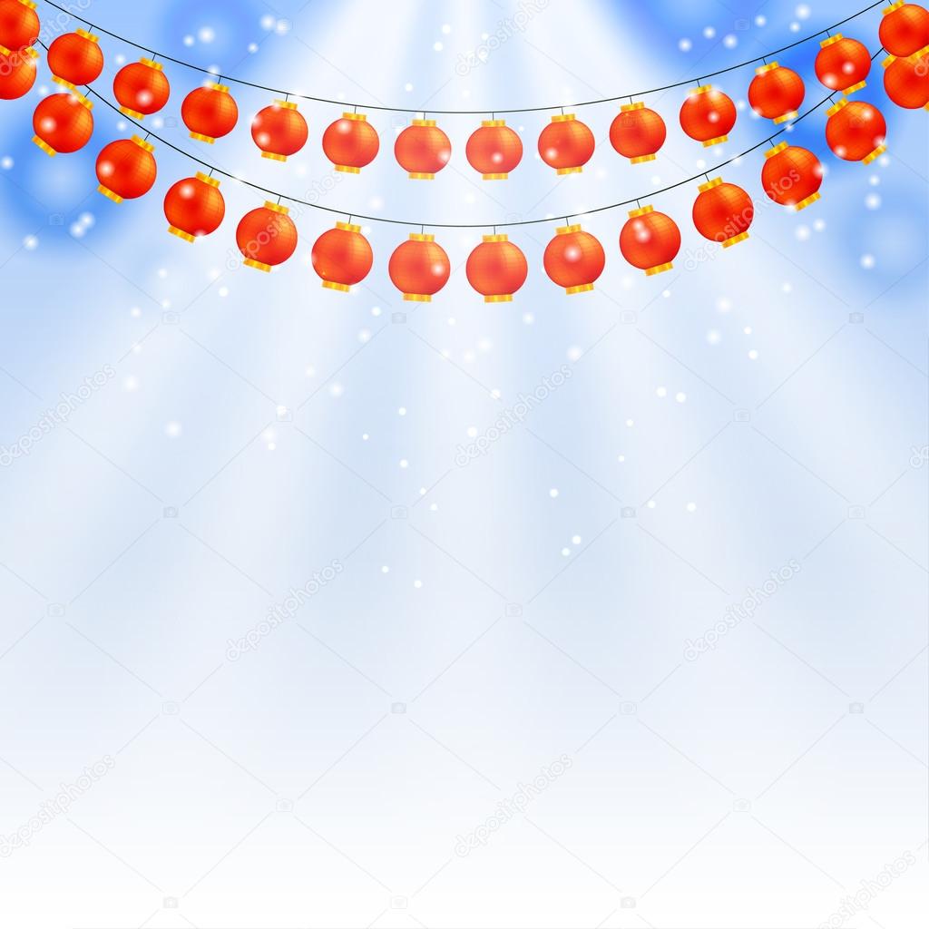 Winter blue background and garland of Chinese lanterns. Vector i