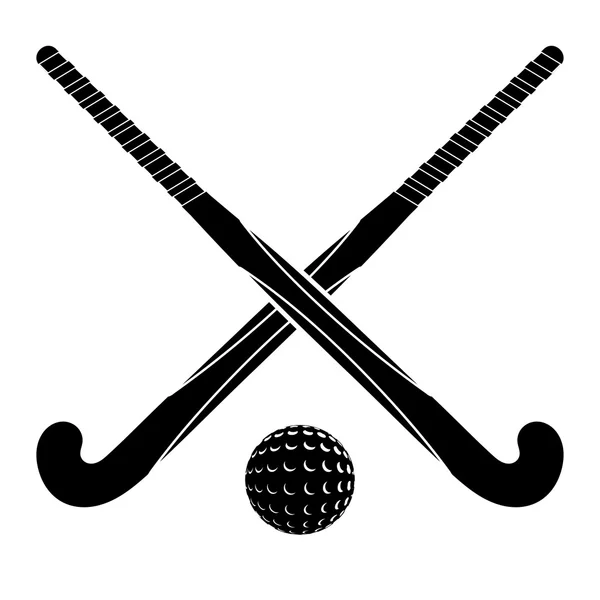 Deux silhouettes noires bâtons pour le hockey sur gazon et la balle sur un coup de fouet — Image vectorielle