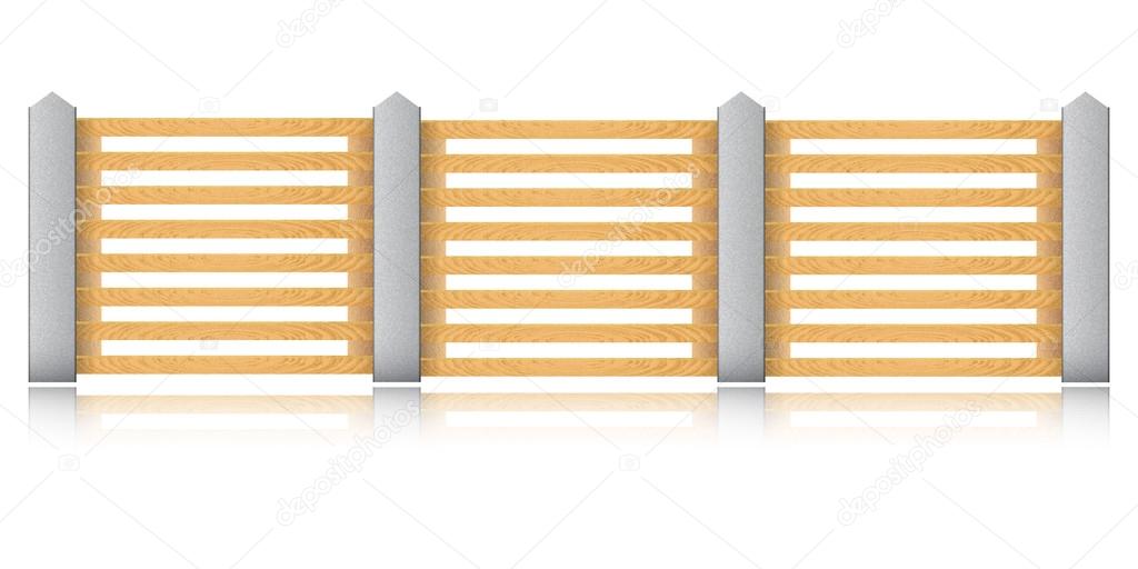 Wooden fence with concrete columns on a white background. Vector
