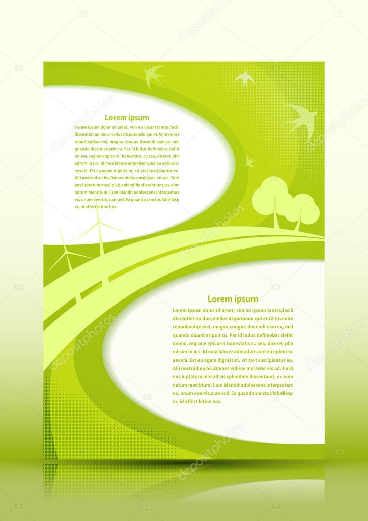 Green flyer in eco style with nature and windmills. Vector illus