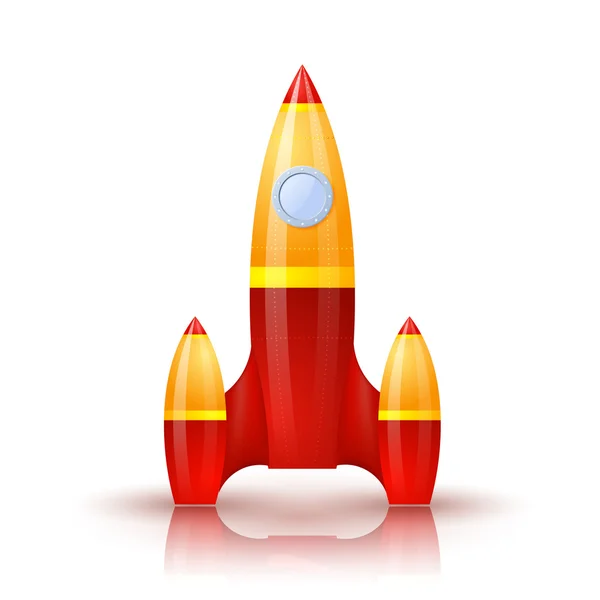 Cohete amarillo-rojo con sombra y reflejo. Dibujos animados. Vector il — Archivo Imágenes Vectoriales