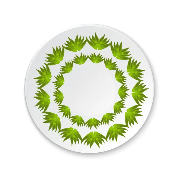 Runde Porzellanteller auf einem Gemälde eines grünen Blattes auf einem weißen b — Stockvektor