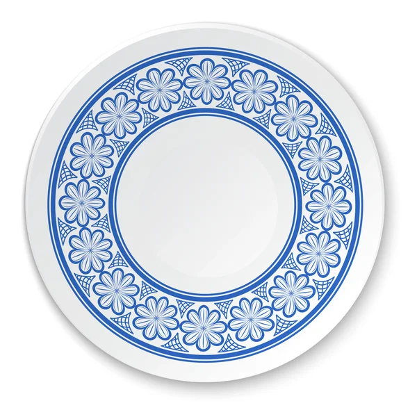 Runde Porzellanteller auf einem Gemälde einer blauen Blume auf einem weißen — Stockvektor