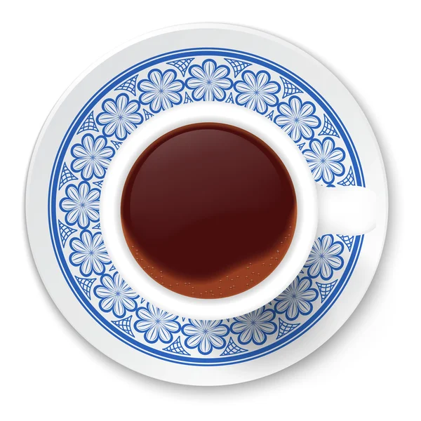 Tasse Kaffee und Stammesmuster auf einer Untertasse. Vektorillustrationen — Stockvektor
