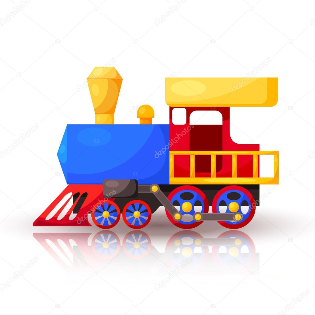 Red blue train with shadow and reflection. Cartoon. Vector illus