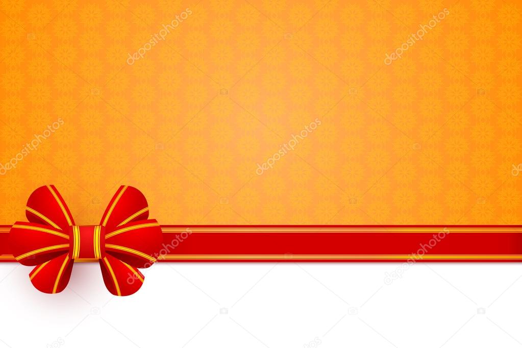 Red bow gift wrapping on an orange flower background. Vector ill
