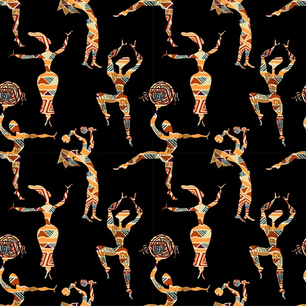 Textura étnica sin costuras con figuras de personas bailando. Vector i — Vector de stock