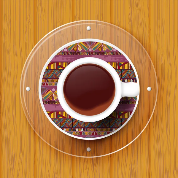 Una taza de café en un platillo con textura tribal. Vector illustrati — Vector de stock