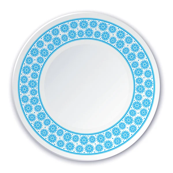 Round porcelain plate on a painting of a blue snowflakes on a wh — Stock Vector