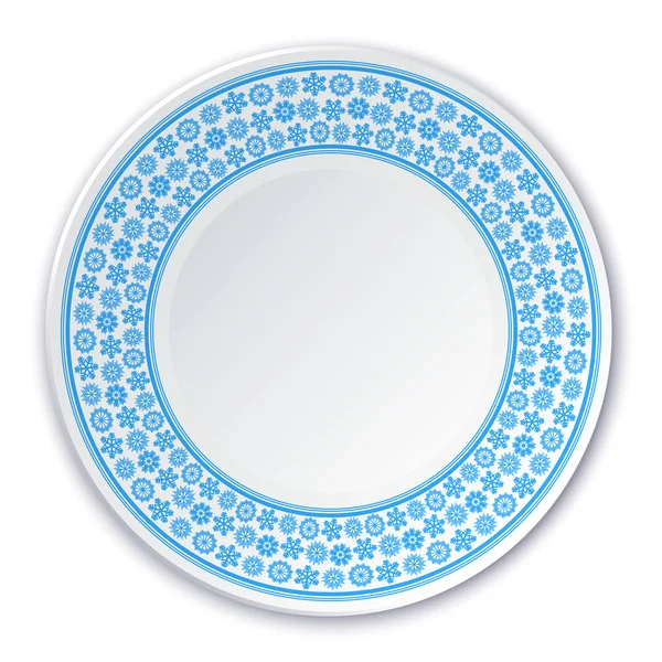 Assiette en porcelaine sur une peinture de flocons de neige bleus sur une ba blanche — Image vectorielle