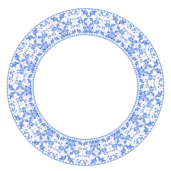 Round frame with blue flowers in Gzhel style isolated on white b — Stock Vector