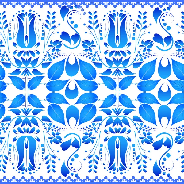Gzhel スタイルの花の飾りと青いシームレスなテクスチャ。V — ストックベクタ