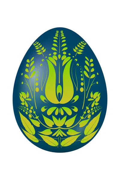 Oeuf de Pâques bleu avec jaune motifs floraux verts. Illusion vectorielle — Image vectorielle