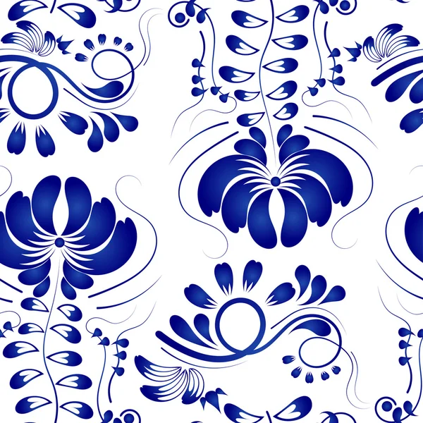 Gzhel blauwe bloemen op een witte achtergrond. Naadloze. Vector illus — Stockvector