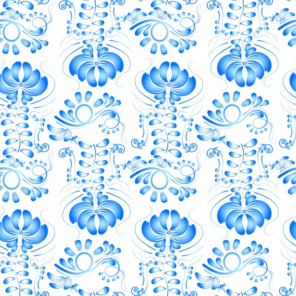 Prydnad av blå blommor på vit bakgrund Gzhel. Sömlös. — Stock vektor