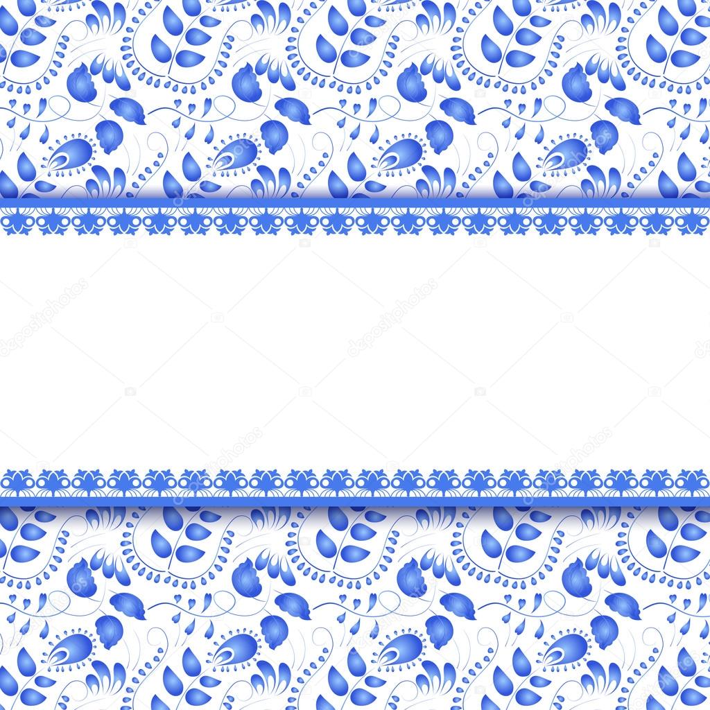 Seamless floral background with a field for the text. Gzhel. Vec