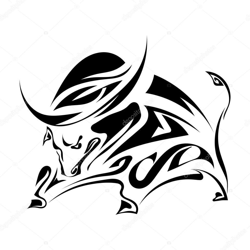 Single black silhouette of  a horned, angry bull on a white back